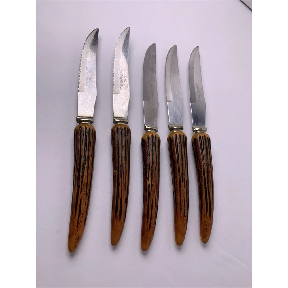 5 Vintage Steak Knives Stainless‎ Steel Blade Sheffield England Faux Antler